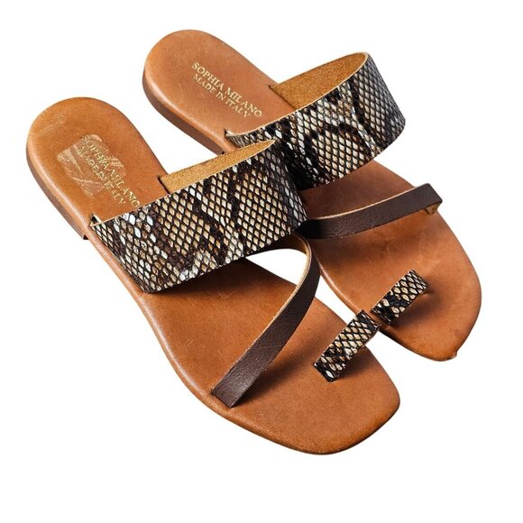 Sophia Milano Snake Faux Leather Straps Flat Slide Sandals Open Toe 7.5 Brown - Picture 2 of 10